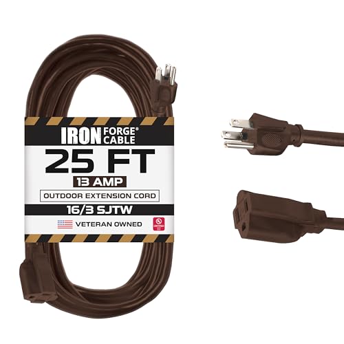 Iron Forge Cable Outdoor Brown Extension Cord 25 ft - 16 Gauge 13 Amp Heavy Duty Brown Outdoor Extension Cords 3 Prong - 16/3 SJTW - Great for Outdoor