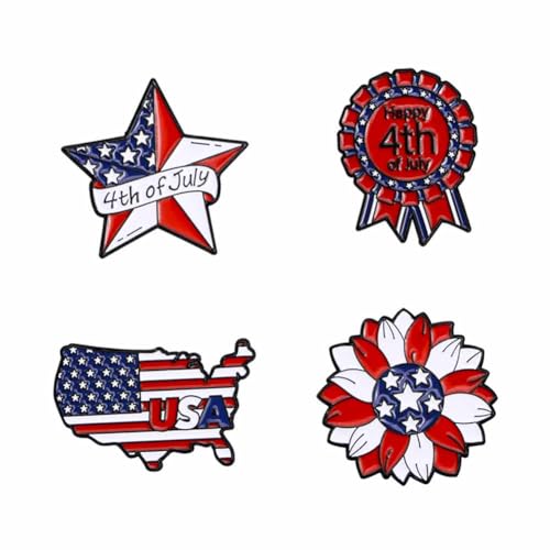 Image of American Flag Brooch Pins 4th of July Brooches for Women Men Red White Blue USA Flower Star Flag Lapel Pins Independence Memorial Day Brooches Patriotic Medal Suit Dress Badge Jewelry Accessories 4 Pcs /set（Style02）