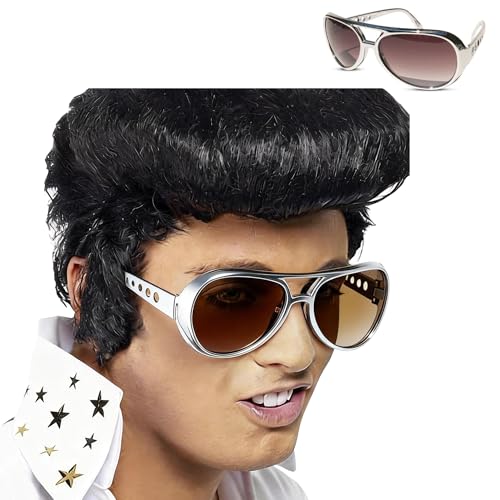 Peluca Negra Rock and Roll Hombre Adulto+Gafas estilo,Peluca Rockero, Accerosio Rockero, Accesorio Disco,Peluca Hombre Corto Negro Años 70 50 (Gafas plateadas)