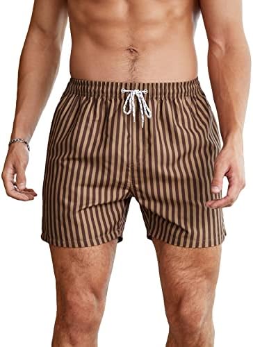 WDIRARA Men's Drawstring Waist Quick Dry Swim Trunks Striped Print Pocket Shorts Brown S