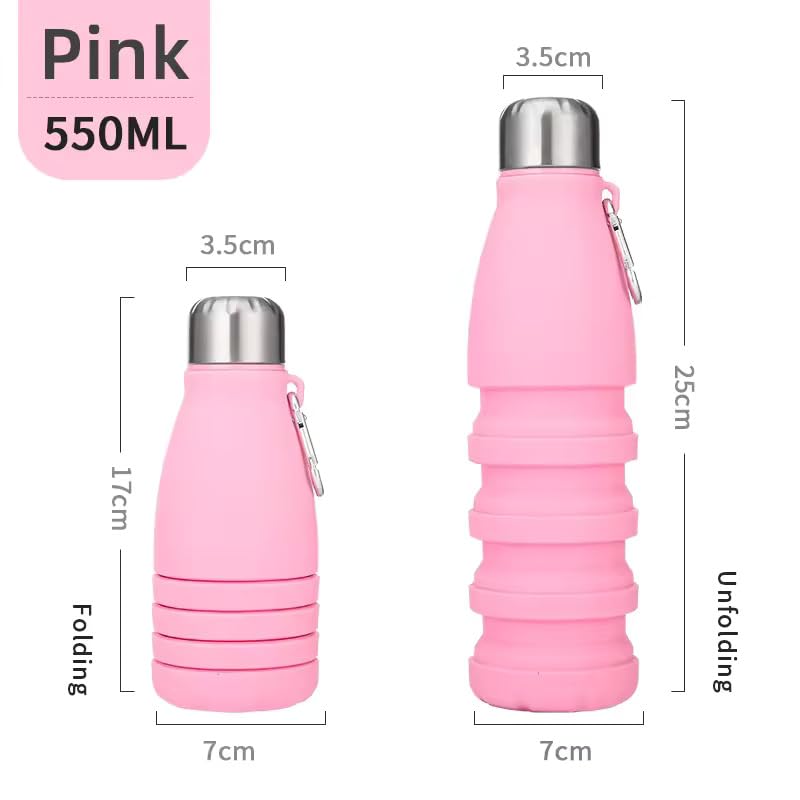 Image of ZENOVIA Collapsible Silicone Water Bottle with Clip | Foldable Leakproof BPA-Free Travel Water Bottle | Portable Reusable Drinking Bottle for Gym, Hiking, Camping, Office & Kids | Pink Pack of 1