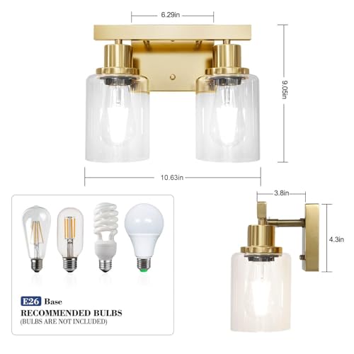Image of 2-Light Brushed Gold Vanity Lights for Bathroom, Brushed Gold Bathroom Light Fixtures, Modern Vanity Lighting Over Mirror with Clear Glass Shade, Farmhouse Bath Wall Lamp for Mirror