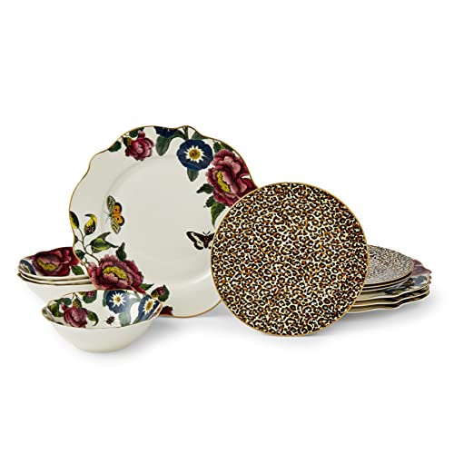 Spode x Creatures of Curiosity 12 Piece Dinner Set - Luxurious Mix-and-Match Tableware with Floral and Leopard Print Designs Adorned with Exquisite 22-Carat Gold Detailing