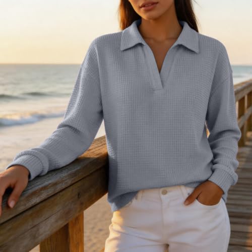 Waffle Shirts for Women V Neck Lightweight Long Sleeve Casual Pullover Tops - image 2