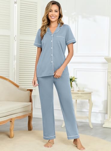 Image of Veseacky 100% Cotton Pajamas for Women Set Short Sleeve Button Down Sleepwear Soft 2 Piece Summer Pjs Lounge Sets S-XXL