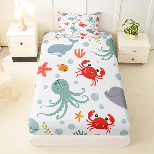 Image of jejeloiu Dolphin Bed Sheets Sets Twin Size Kids Boys Girls Jellyfish Crab Starfish Bedding Set Ocean Bed Sheet Set with 16-Inch Deep Pockets 3Pcs with 1 Pillow Cases