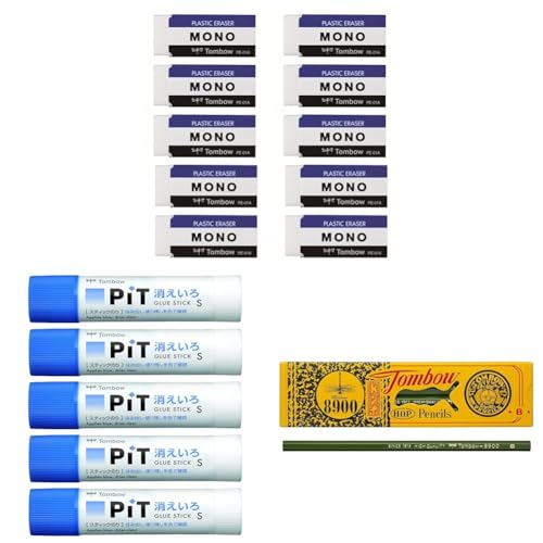【セット買い】トンボ鉛筆 消しゴム MONO モノPE01 10個 JCA-061 + トンボ鉛筆 スティックのり 消えいろPiT Sサイズ (塗り色が消える) (10g) 5本 HCA-513 + トンボ(Tombow) 鉛筆 8900 B 1ダース 8