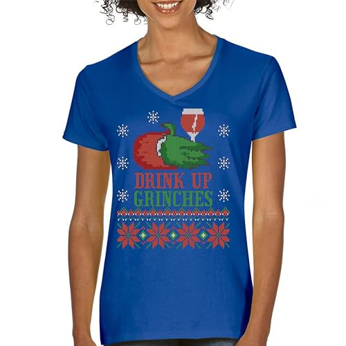 Camiseta feminina com gola V Drink Up Grinches Ugly Sweater Christmas Drinking Tee, Azul, G