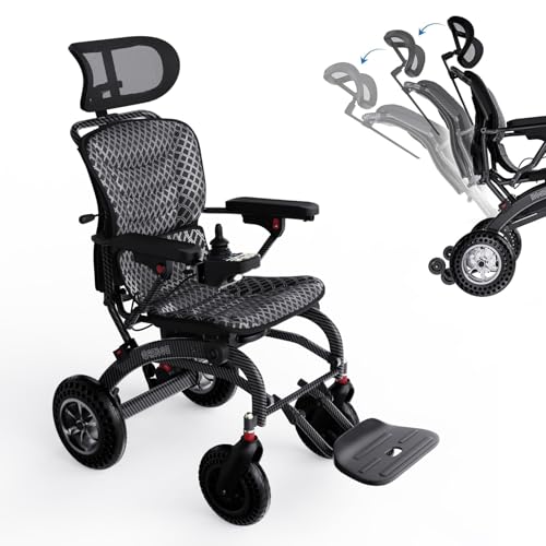 Lightweight Foldable Electric Wheelchair for Adults with Recliner, 15 Mile Range, 400W All Terrain Power, 250Lb Capacity, Airline Approved, Tool Free Folding, Posture Support Cushion
