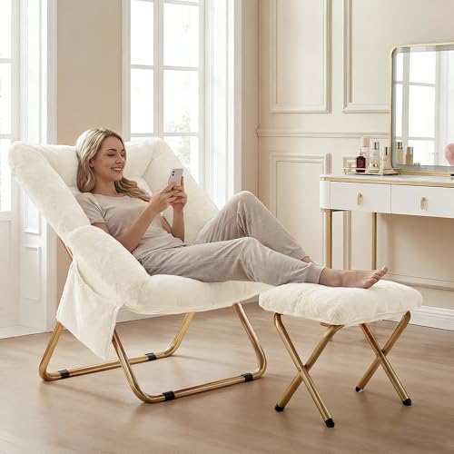 Comfy Saucer Chair for Adults, Foldable Living Room Chairs, Soft Faux Fur Lounge Chair for Bedroom, Reading Chairs, X-Large (Ottoman-White) - Image 4