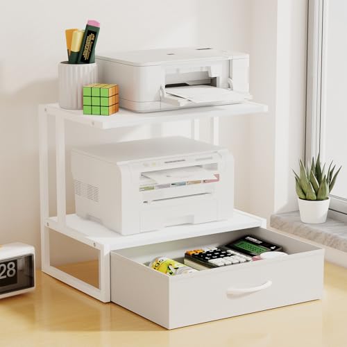VYUOL Printer Stand with Storage for Desk, with Fabric Drawer Desktop Printer Stand Shelf Organzier for Home Office, for Above and Under Desk Printer Table, Fax Machine Copier Scanner, White