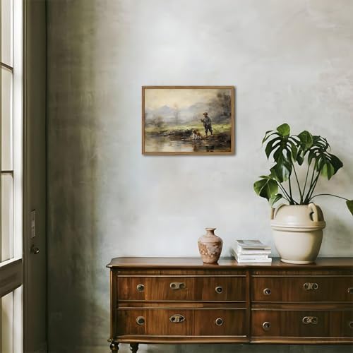 Image of Vintage Wall Art, Boy Fishing Wall Decor Paintings, Dog and Boy Landscape Canvas Prints Nature Country Farmhouse Artwork for Bedroom Living Room 16x12 inch Wood Framed