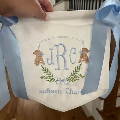 Personalized Embroidered Baby Banner with Bows, Welcome Banner, Hospital Door Sign, Custom Baby Shower Decoration, Canvas Hanging Pennant Flag infant Banners (Style 1)
