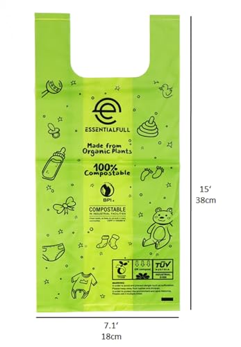 Image of Disposable Diaper Bags, Compostable, Baby Poop, Sacks with Handles for Convenient Disposal, Multipurpose, Leak-Proof, 100 count