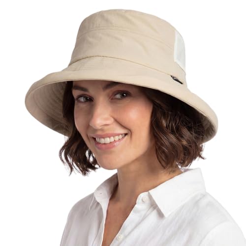 TOP-EX UVCoolix™ Cooling Sun Hat for Women with Ponytail Hole Wide Brim SPF 50 UV Protection Packable Bucket Hat for Travel Beach Gardening Hiking Fishing Camping with Chin Strap Beige L/XL