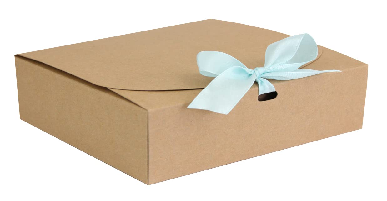 Emartbuy Brown Kraft Gift Box with Light Blue Ribbon – 31 x 25.5 x 8 cm – Fits Books, Photo Frames & Flat Gift Sets – Birthdays Weddings Christmas Corporate Gifting Trade Wholesale – Pack of 12
