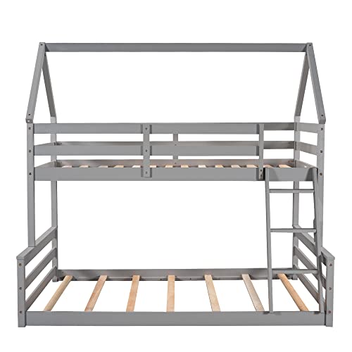 Lifeand Twin Over Full House Bunk Bed With Built-In Ladder,Gray #TOP2