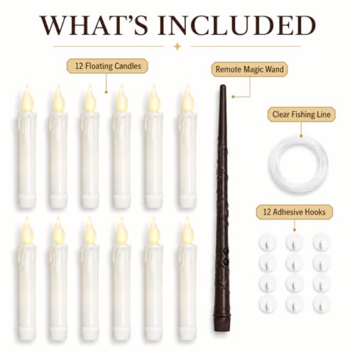 Image of Wanna Party Magical Floating Candles with Remote Wand, 12 Pcs Warm Yellow Flickering Flameless Hanging Candles with Clear Line & Adhesive Hooks for Wizard Theme Birthday, Halloween & Room Decoration