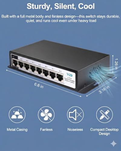 Image of 8 Port Gigabit Managed Ethernet Switch 1000Mbps | Metal Housing, Plug & Play, Desktop /Wall Mount, Home Network Hub, Office Ethernet Splitter for NAS, PC