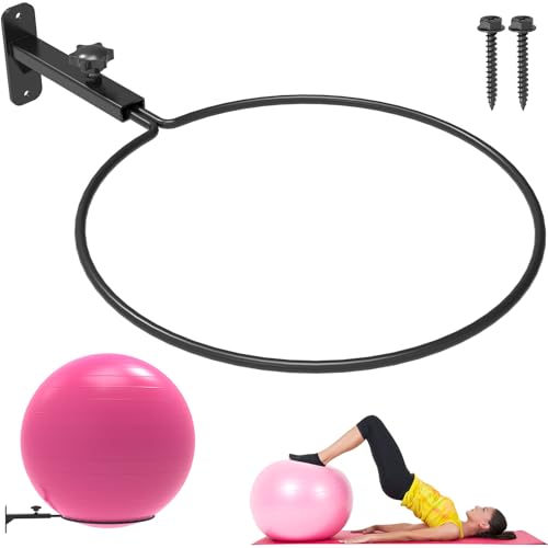 KOMOHOM Universal Wall-Mounted Exercise Ball Holder Adjustable Yoga Ball Storage Rack for 14 to 30 Inch Stability Balls Heavy-Duty Metal with 12-Inch Diameter Ring Space-Saving Design