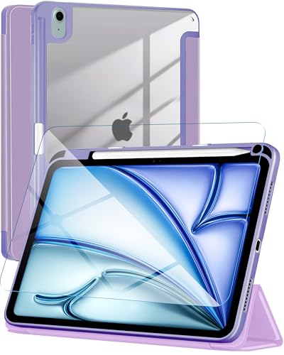 eller santé® 2IN1 Combo Back Flip Stand Cover Case + Tempered Glass for iPad Air 11 inch (M2) 360 Degree Pencil Holder Free-Angle Viewing with Adjustable Stand Auto Wake/Sleep- Lavender