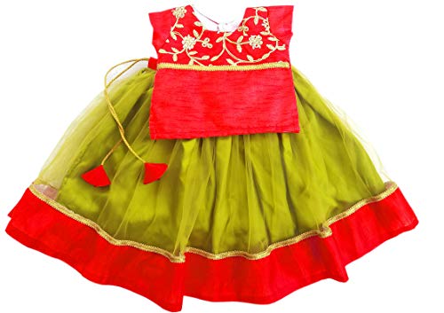 Image of Stanwells Kids Girls Pea Green & Red Lehenga Choli Set | Net Embroidered Ethnic Dress | Traditional South Indian Pattu Pavadai (3-6 Months)