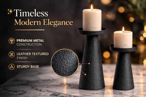 Image of ππππ πππππππππππππ | Metal Pillar Candle Holder Set of 2 | Table Centerpieces Coffee Tables | Candles Stand for Christmas Home Decor Gift | Wedding Gift (Leather Textured- Black)