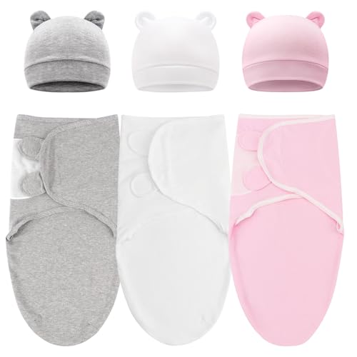 Image of DRESHOW BQUBO 3 Pack Baby Swaddle Sleep Sacks Baby Swaddling Blanket Wrap Newborn Swaddle Sack with Bear Ears Hat for Boys Girls 6-12 Lbs Newborns & 0-3 Months Girls Boys