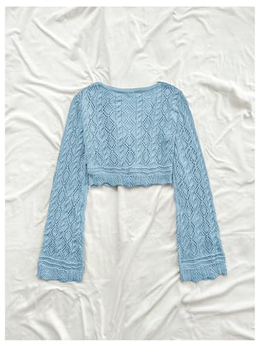 SHENHE Women's Crochet Knit Crop Top Hollow Out V Neck Drawstring Cropped Sweater Pullover2
