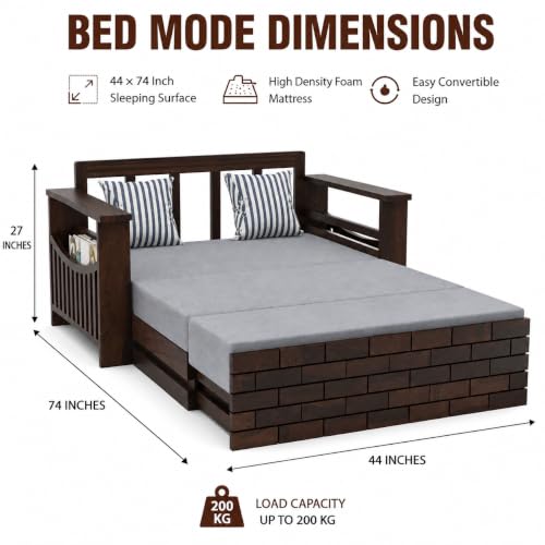 Image of Douceur Furnitures Solid Sheesham Wooden 2 Seater Sofa Cum Bed with Mattress & 2 Cushion and Side Pockets,Wood Foldable Convertible Sofa Diwan Cum Bed for Living Room and Bedroom,Walnut Finish
