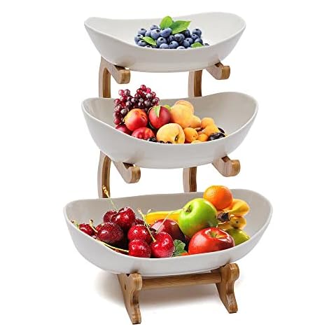 SHZICMY Obstkorb Keramik 3 Stöckig Obstschale Obst Etagere Serviertablett Drei Keramikteller Abnehmbaren Cover
