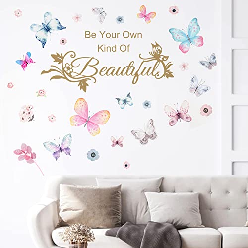 Image of Colorful Butterflies Wall Sticker, Simplicity Butterfly English Words Wall Decal, Be Your Own Kind of Inspirational Quotes Wall Décor, DIY Flower Vinyl Art Mural for Girls Bedroom Nursery Living Room