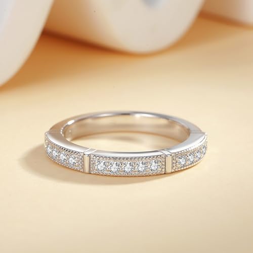 JEYHLOPX Round Moissanite Ring, S925 Sterling Silver, 18K White Gold Plated Thin Band, Half Eternity Design, Women's Engagement Ring, Moissanite Wedding Ring(S7.5) by JEYHLOPX - Image 3