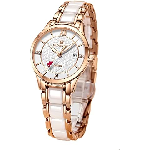 GUANHAO Ceramic Watches for Women, White Dial with Diamond, Ladies Fashion Watch with Calendar, Stainless Steel Waterproof Quartz Wristwatch Rose Gold Tone Cover