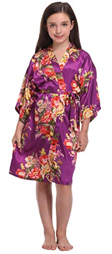Flower Girl Satin Kimono Robes Floral Printed Bathrobes for Spa Wedding Birthday Party,Floral Purple,12