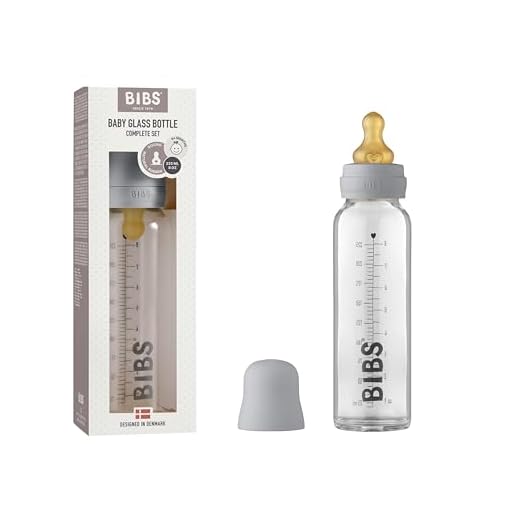 BIBS Baby Glass Bottle. Anti-Colic. Round Natural Rubber Latex Nipple. Supports Natural Breastfeeding, Complete Set - 225 ml, Cloud