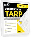 Fire Retardant Construction tarp with Reinforced Corners, Waterproof, UV Resistant Polyethylene Tarpaulin (20' x 21', White)