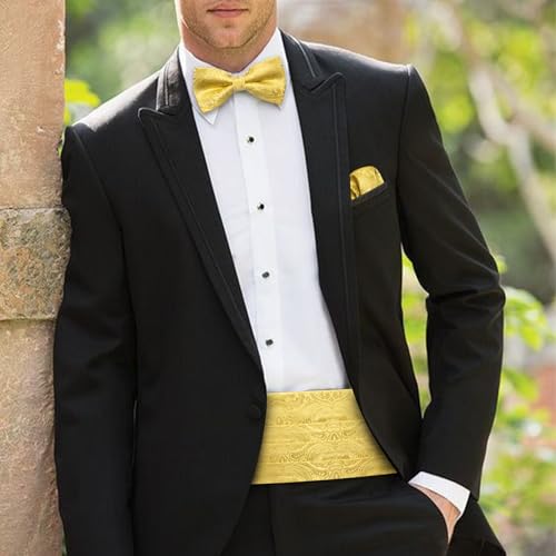 Image of Barry.Wang Men Silk Paisley Cummerbund and Pre-tied Bowtie Handkerchief Cufflink Set for Tuxedo