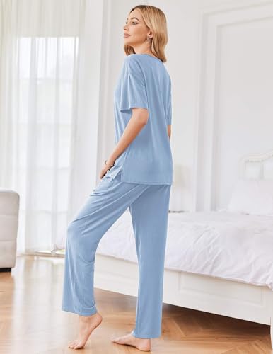 Image of Ekouaer Womens Ribbed Knit Lounge Set Short Sleeve Top and Long Pants Sleepwear Pajama Set Two Piece Matching Outfits Set