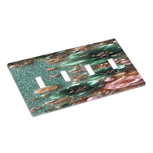 Decorative Switch Covers Plate Bling Green Rose Flowers Crystal Rhinestone Glitter 4 Gang Wall Plate Oversized Quad Toggle Light Switch Plate Jumbo Faceplate for Bedroom Home Decor