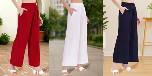 Image of Buy That Trendz Palazzo Pants for Women Rayon Elasticated Regular Fit Flared Wide Leg M to 6XL Pack of 3
