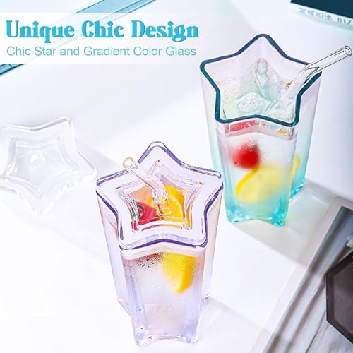 Image of KHOLAD Glass Water Tumbler with Lid and Straw, Transparent Drinking Cup Cute Pentagram Design Color Glass Coffee Sipper Mug for Smoothie Soda Ice Tea (Purple, 350ml, Set of 1)