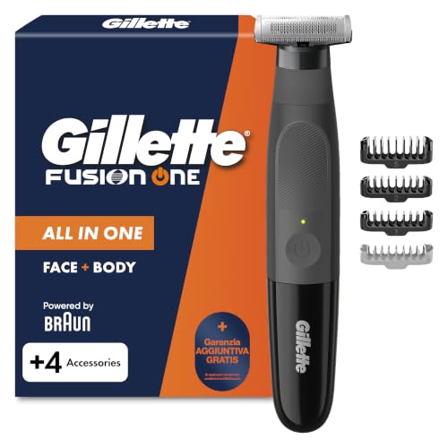 Gillette Fusion One Rasoio Elettrico Uomo Barba e Corpo, 4 Accessori, Nero