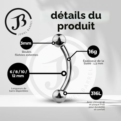 Jewel Barrel Piercing Arcade Anodisé, Sourcil Banane Boucles d'oreilles Barbell Incurvé Courbé Rook, Daith Bijoux de Corps, Taille 16g (1,2 mm) Barre 6 mm/8 mm avec Boules (Argent, 6) – vue 2