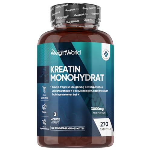 Creatin Monohydrat Tabletten - 3000mg pro Portion - 270 Kreatin Vegan Tablets - 3 Monate Vorrat - Creatine - 3 Kreatin Monohydrat Tabletten pro Tag - Für Männer und Frauen - Glutenfrei - WeightWorld