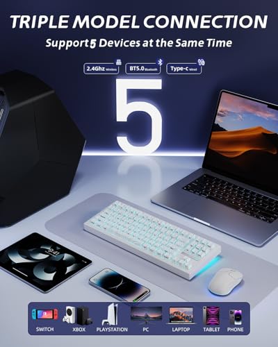 Image of ZORNHER ZH870 Wireless Gaming Mechanical Keyboard,80% White Custom Creamy Sound Keyboard with Lighted Up White Topographic Keycaps,Creamy Sounding Linear Switches,Hot-Swappable,RGB Backlit