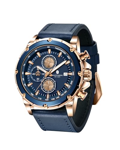 BENYAR by Relojes para Hombres SAPPHERO Impermeables Reloj de Hombre Cronógrafo Negro/Azul Cuero Plata/Negro/Rosa Dorado Caja Negra/Azul Esfera/Cumpleaños/Navidad/Regalo para el día del Padre