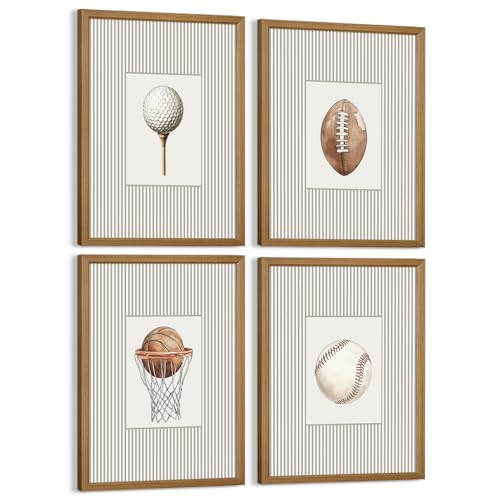 Image of Sports Wall Art Decor Toddler Boys Room Canvas Prints Vintage Sports Nursery Wall Decor Kids Poster Football Baseball Pictures Basketball Golf Painting Artwork for Bedroom 12x16x4 Inch Wood Framed