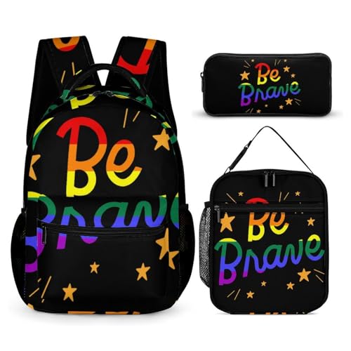 LGBT Be Brave Backpack Shoulder Bags Lunch Bag Pencil Case Box 3 Set Daypack Cute