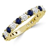 Round Cut Blue Sapphire & White Diamond Full Eternity Ring For Women, 14K Yellow Gold Plated Silver September Birthstone Sapphire Full Eternity Wedding Anniversary Matching Band